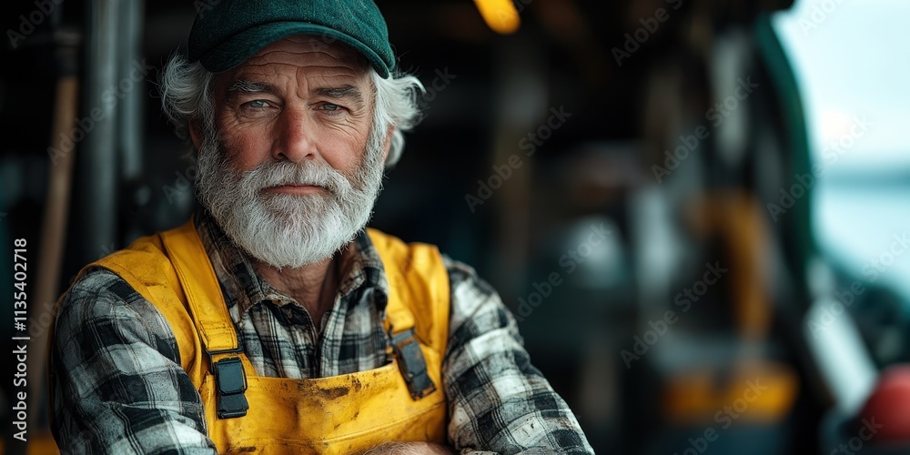 Burly fisherman with white beard and friendly expression in yellow overalls and tartan shirt Burly fisherman with white beard and friendly expression in yellow overalls and tartan shirt
