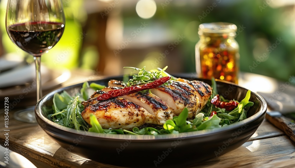 Delicious Parmesan Chicken With Fresh Greens On A Sunlit Table, Served With Wine And Rustic Chili-Infused Oil Jar Delicious Parmesan Chicken With Fresh Greens On A Sunlit Table, Served With Wine And Rustic Chili-Infused Oil Jar