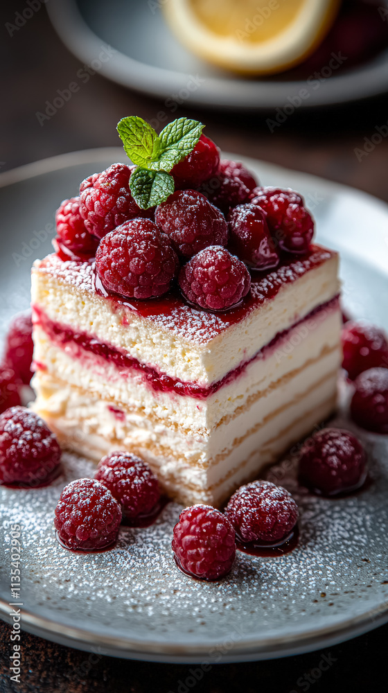 Slice of cake with raspberries on top. The cake is cut into layers and has a light frosting. The raspberries are scattered around the cake, adding a pop of color and freshness Slice of cake with raspberries on top. The cake is cut into layers and has a light frosting. The raspberries are scattered around the cake, adding a pop of color and freshness