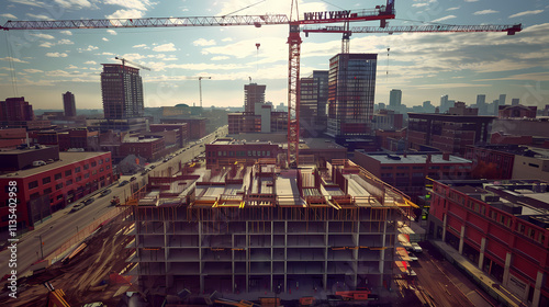 Urban Construction Skyline: A dynamic perspective of a city undergoing revitalization, showcasing a large construction site with towering cranes against a backdrop of existing buildings.