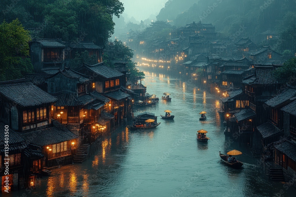 Obraz premium Misty morning in an ancient southern River town with fishermen paddling boats