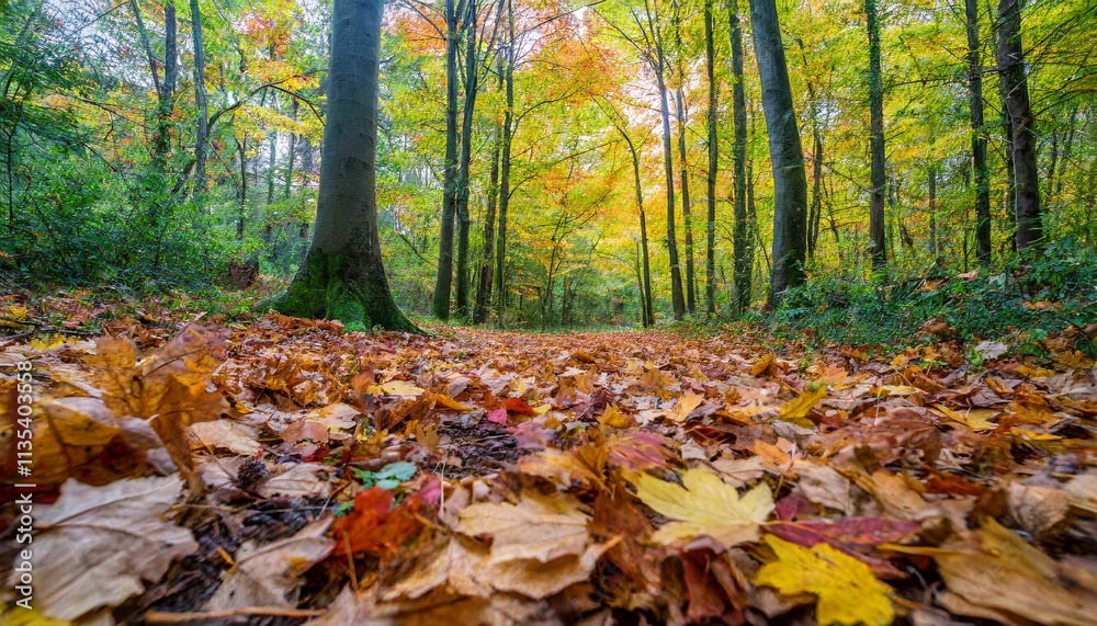 Vibrant Autumn Leaves Blanketing the Forest Floor in a Quiet Woodland Clearing Vibrant Autumn Leaves Blanketing the Forest Floor in a Quiet Woodland Clearing