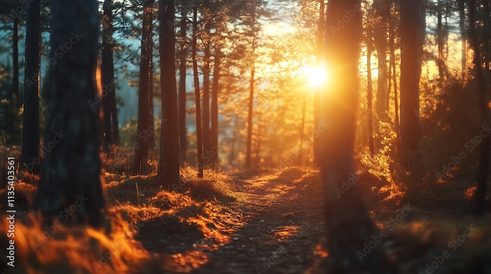 Golden Sunset Path Through Forest. Nature, Tranquility, Sunlight Golden Sunset Path Through Forest. Nature, Tranquility, Sunlight
