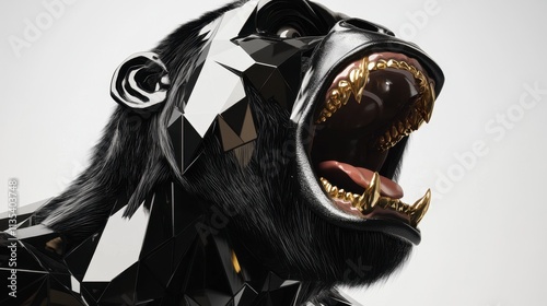 Roaring Black Gorilla with Gold Teeth - Geometric Sculpture photo