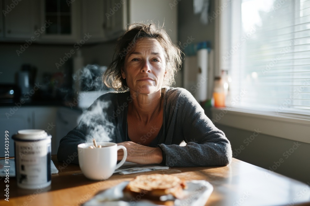 A contemplative woman sitting at a kitchen table with a steaming mug of coffee, basking in the warm morning light, embodying tranquility and comfort. A contemplative woman sitting at a kitchen table with a steaming mug of coffee, basking in the warm morning light, embodying tranquility and comfort.