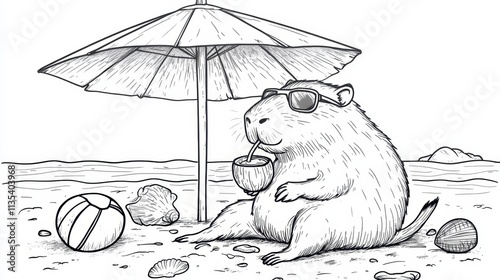 Cool Capybara Relaxing on Beach with Cocktail