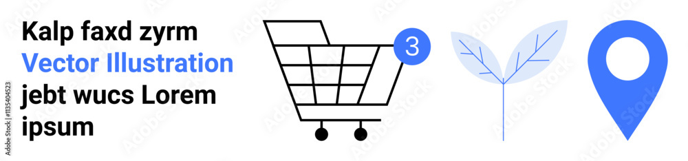 Shopping cart with notification bubble, blue leaf, and blue location pin. Ideal for e-commerce, eco-friendly products, navigation, business, technology, marketing. Landing page Shopping cart with notification bubble, blue leaf, and blue location pin. Ideal for e-commerce, eco-friendly products, navigation, business, technology, marketing. Landing page