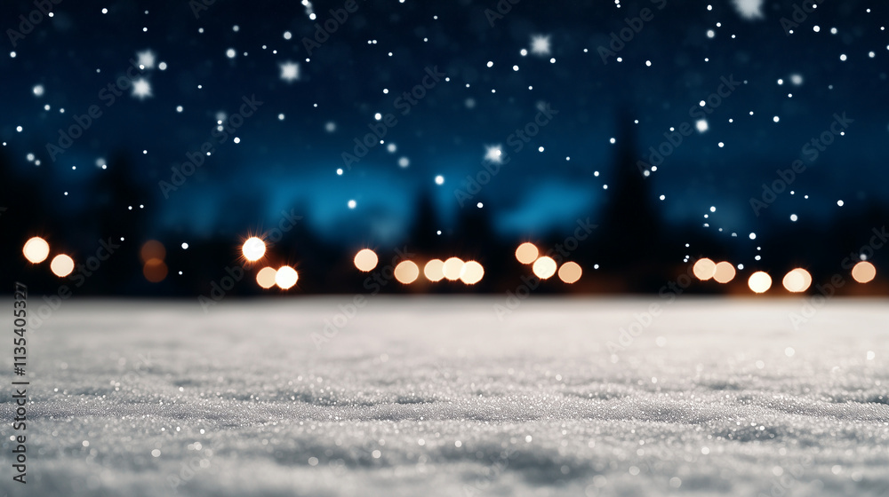 Obraz premium A serene snowy night landscape with city lights glowing in the distance, creating a peaceful and enchanting winter scene.