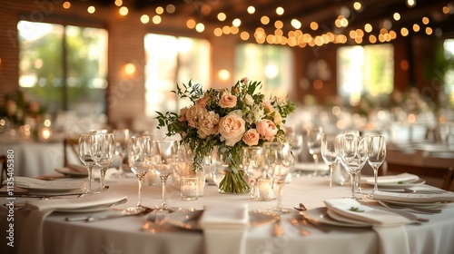 Elegant wedding reception setup with floral centerpiece and candles