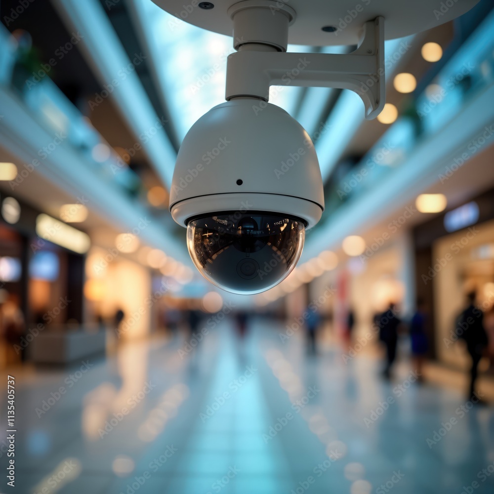 Security camera monitors indoor shopping mall. Modern tech surveillance system. Public safety protection. Commercial building interior. High-tech security equipment. Business environment. Safety Security camera monitors indoor shopping mall. Modern tech surveillance system. Public safety protection. Commercial building interior. High-tech security equipment. Business environment. Safety
