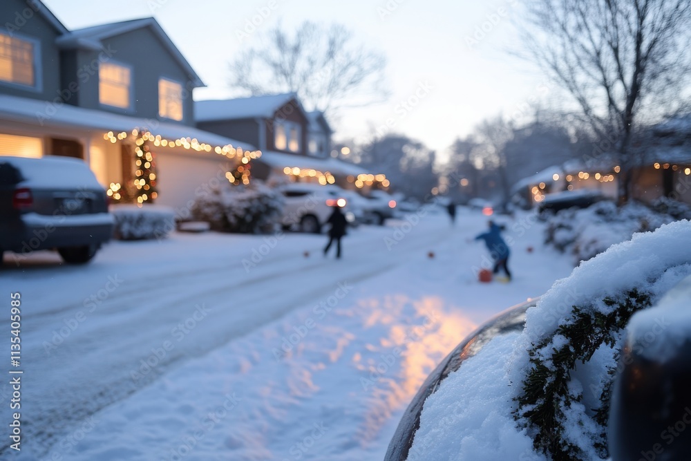 Kids joyfully playing in a snow-covered neighborhood adorned with festive lights, encapsulating the essence of winter fun and holiday spirit in a picturesque setting.