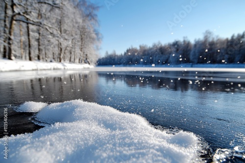 A magical winter landscape featuring sparkling snow, a serene river, and trees cloaked in frost, creating an enchanting atmosphere full of winter charm and beauty. photo