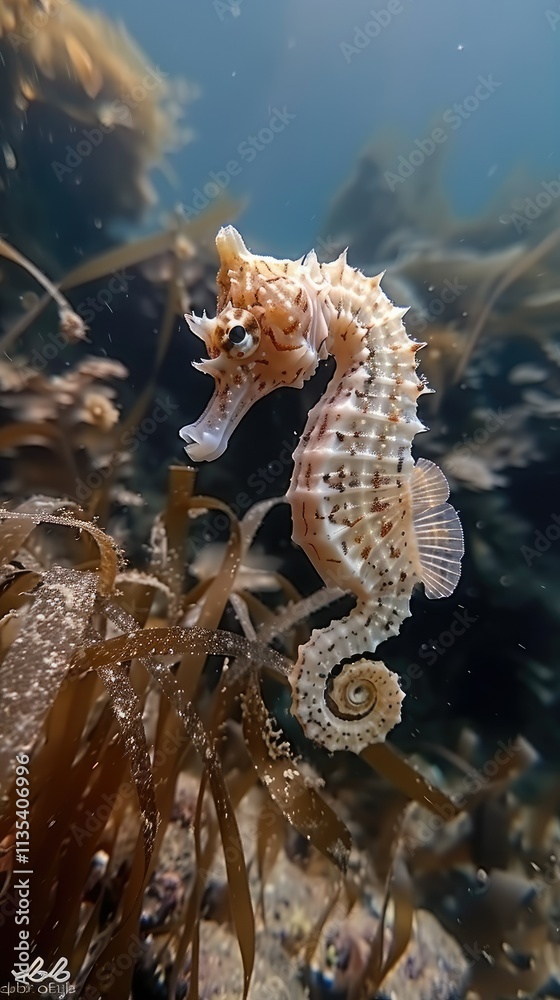A seahorse swimming among aquatic plants in a serene underwater environment. A seahorse swimming among aquatic plants in a serene underwater environment.