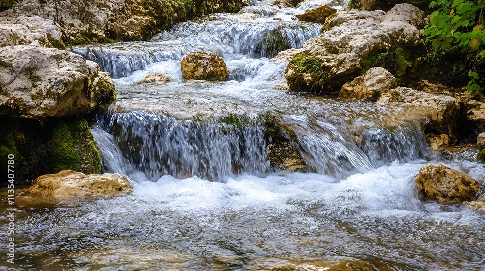 Waterfall cascading over rocks. Natural beauty, tranquil creek, flowing water. Waterfall cascading over rocks. Natural beauty, tranquil creek, flowing water.
