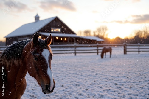 A majestic horse stands gracefully in a snow-covered field, set against a charming barn and the soft glow of the sunset, embodying tranquility and natural beauty. photo