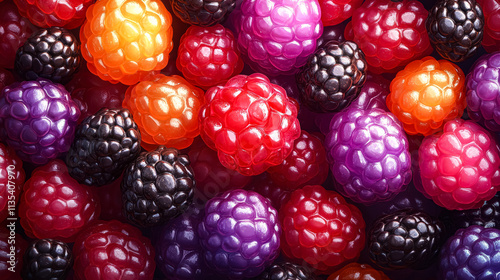 Close up of many different colored berries, including black, purple, and red. The berries are all different sizes and shapes, but they all have a similar texture. Concept of abundance and variety