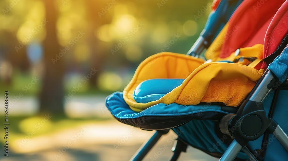 Baby stroller with vibrant colors, soft lighting, cozy family setting Baby stroller with vibrant colors, soft lighting, cozy family setting