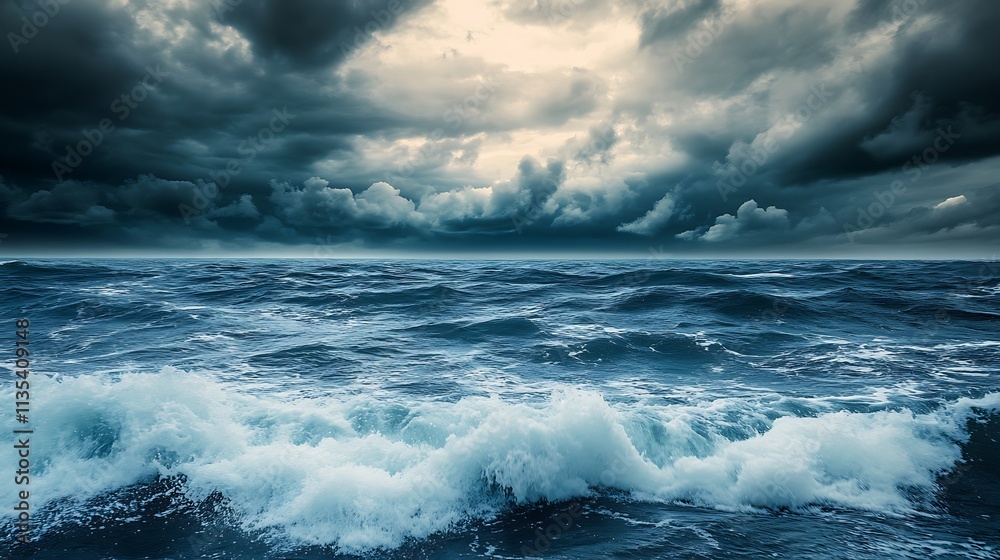 Stormy Ocean, Dramatic Clouds. Concept of Nature's Power, Danger, and the Sea. Stormy Ocean, Dramatic Clouds. Concept of Nature's Power, Danger, and the Sea.