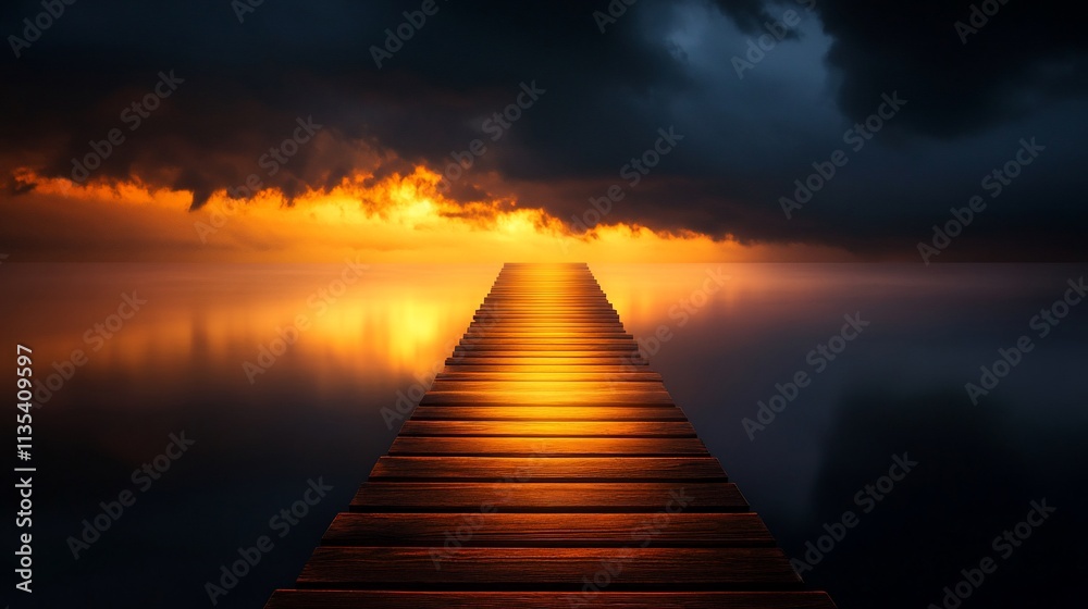 Fototapeta premium Dramatic sunset over calm water, wooden pier extending towards fiery sky.