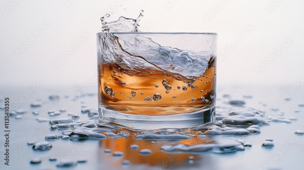 Amber liquid splashing from a glass tumbler. Amber liquid splashing from a glass tumbler.