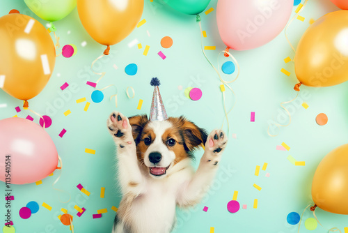 Cute puppy at a fun dog party celebration with balloons, confetti, and party hat