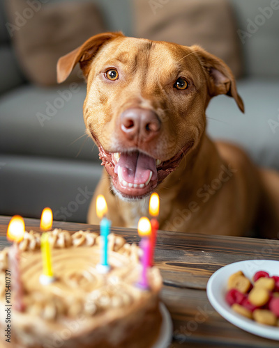 Canvas Print Dog birthday cake with candles, smiling pet celebrating with a party, happy and