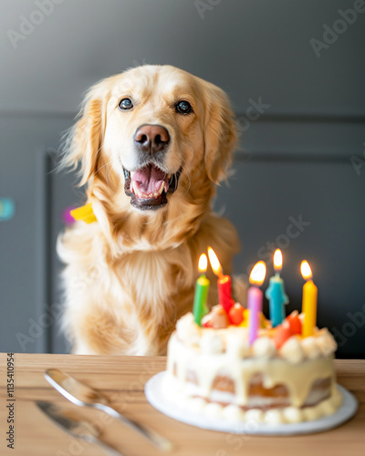 Happy golden retriever dog celebrating birthday with colorful candles on a delicious cake
