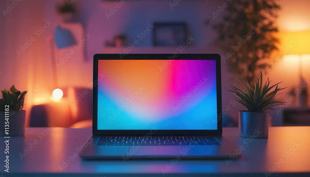 Laptop on table with vibrant screen, soft lighting, cozy home office setup Laptop on table with vibrant screen, soft lighting, cozy home office setup