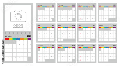 Calendar 2025 colorful design, set of 12 vector wall planner calendar pages on gray background. Week starts on Sunday.