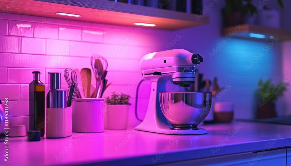 Mixer with vibrant design, soft lighting, cozy kitchen atmosphere Mixer with vibrant design, soft lighting, cozy kitchen atmosphere