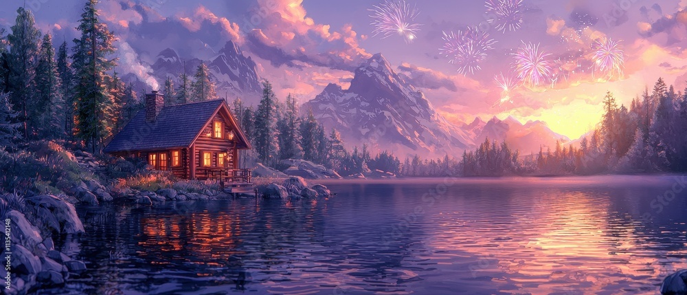 Fototapeta premium Serene Lakeside Cabin at Dusk Surrounded by Majestic Mountains and Colorful Fireworks in a Tranquil Landscape