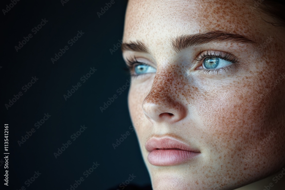 Fototapeta premium A striking close-up portrait highlighting a woman with stunning freckles and captivating blue eyes, embodying natural beauty and serene expression against a dark backdrop.