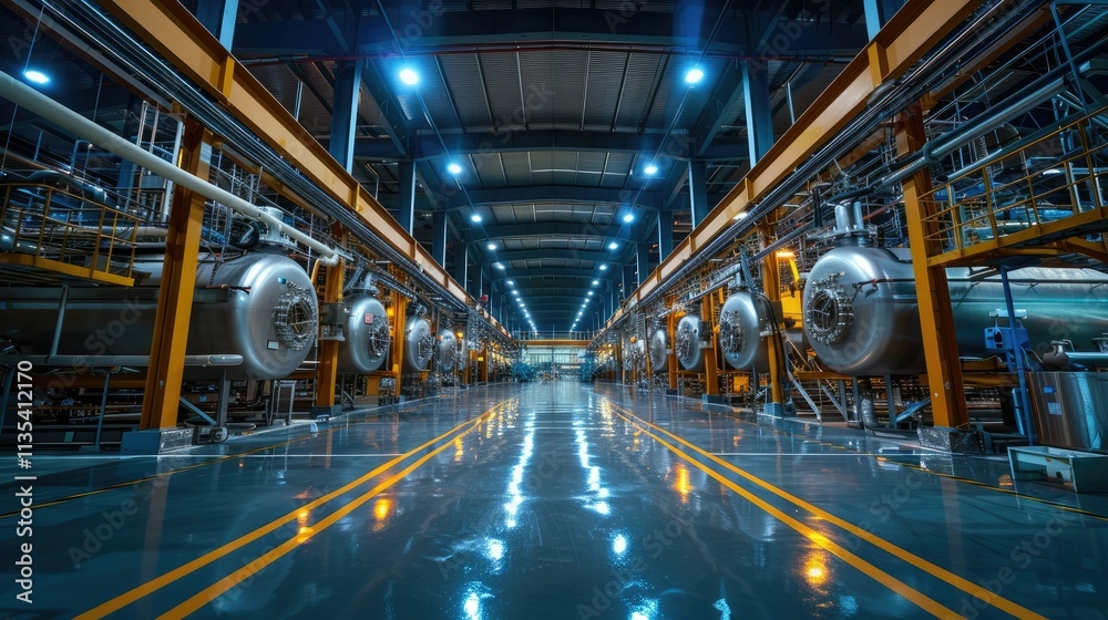 Fototapeta premium A spacious industrial facility with large machinery and bright lighting.