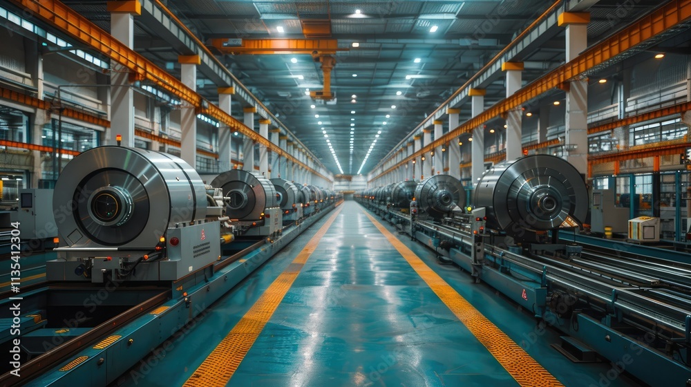 Fototapeta premium A spacious industrial facility with large machinery and organized equipment for manufacturing.