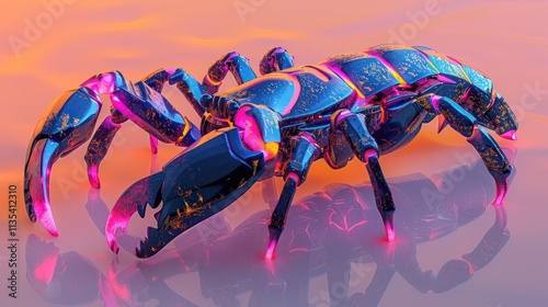 Surreal and futuristic digital artwork depicting a robotic neon colored insect or arachnid creature  The image has a vibrant cyberpunk inspired aesthetic with vivid colors intricate textures photo