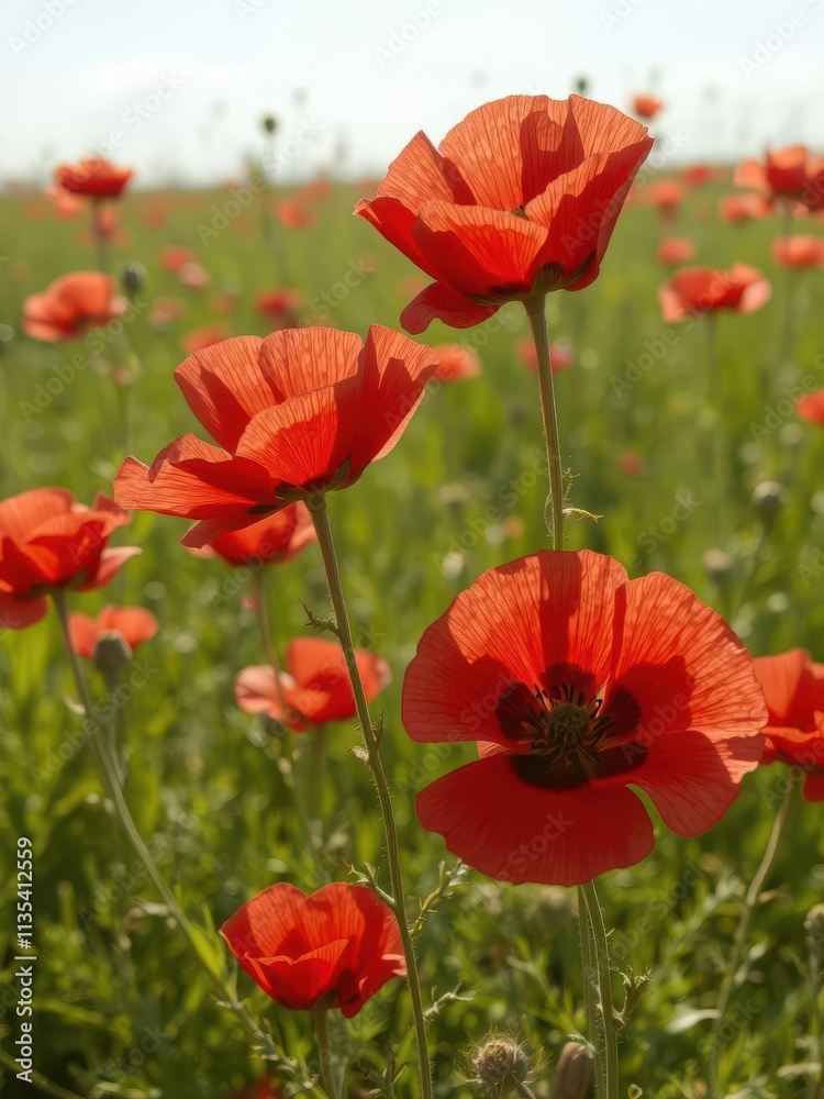 Obraz premium Crimson poppy blooms in field, sunlit petals, image, wildlife