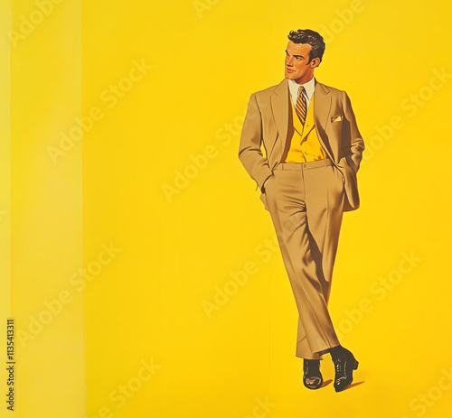a 1950s advertising illustration of a man on yellow background, room for text