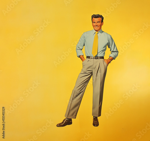 a 1950s advertising illustration of a man on yellow background, room for text