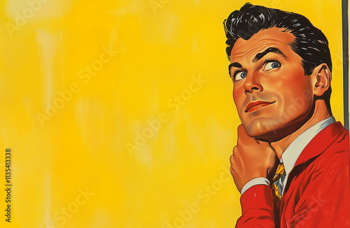 a 1950s advertising illustration of a man on yellow background, room for text photo