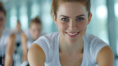 Energetic group cycling workout at the gym, where fitness enthusiasts push their limits and boost their stamina. photo