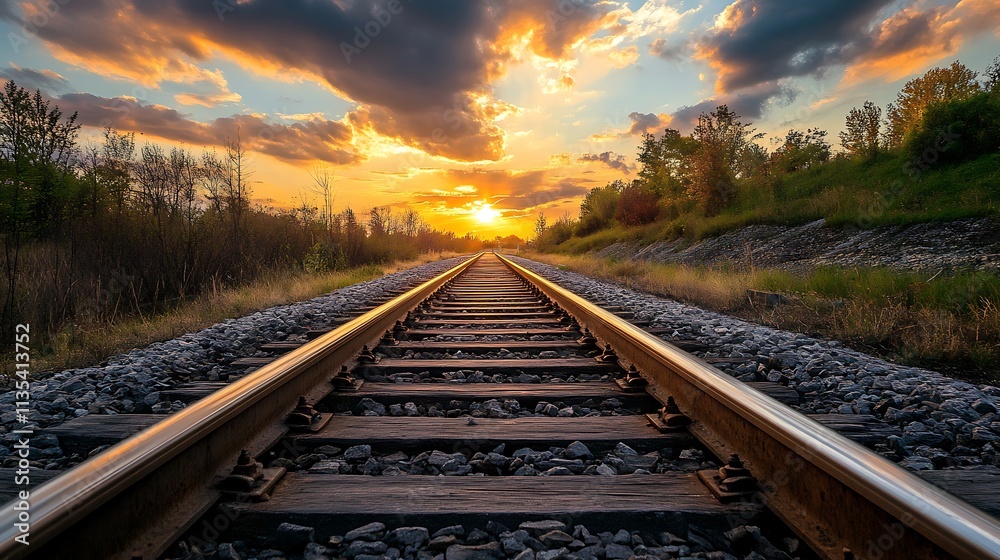 Fototapeta premium Sunset over railroad tracks. Concept of journey, hope, and progress.