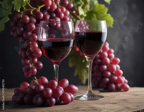 Glass of ruby red wine beside a cluster of ripe red grapes , still life, red