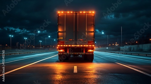 Semi truck on highway at night. Concept of transportation, logistics, and delivery.