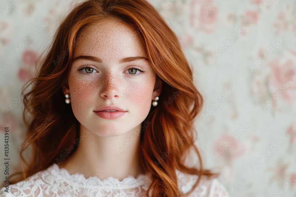 This captivating portrait features a striking young woman with radiant red hair, showcasing her natural beauty against a soft floral background, exuding charm and poise. This captivating portrait features a striking young woman with radiant red hair, showcasing her natural beauty against a soft floral background, exuding charm and poise.