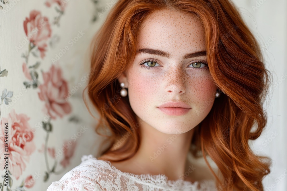 This portrait features a young woman with stunning red hair and freckles, framed by a delicate floral backdrop, embodying natural beauty and elegance with a serene expression. This portrait features a young woman with stunning red hair and freckles, framed by a delicate floral backdrop, embodying natural beauty and elegance with a serene expression.