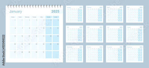 2025 wall planner in blue pastel color, week starts on Monday.