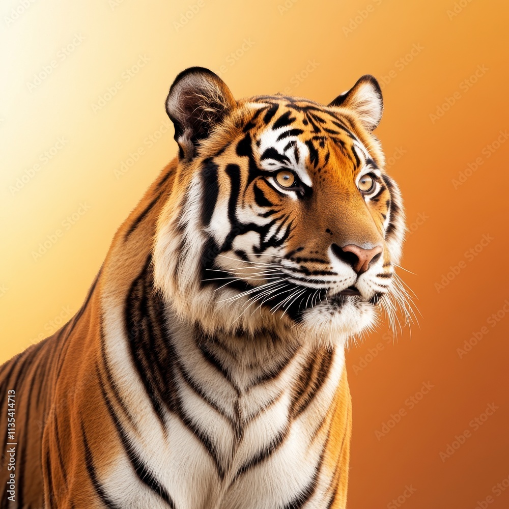 Obraz premium Majestic Tiger Staring with Intense Gaze Against a Vibrant Background, Capturing the Power and Grace of Nature's Most Iconic Big Cat in Stunning Detail