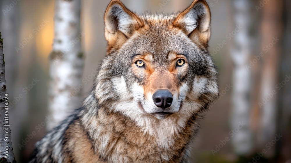 Majestic Wolf Portrait with Graceful Expression Surrounded by Nature in a Serene Woodland Setting with Soft Light Filtering Through Trees Majestic Wolf Portrait with Graceful Expression Surrounded by Nature in a Serene Woodland Setting with Soft Light Filtering Through Trees
