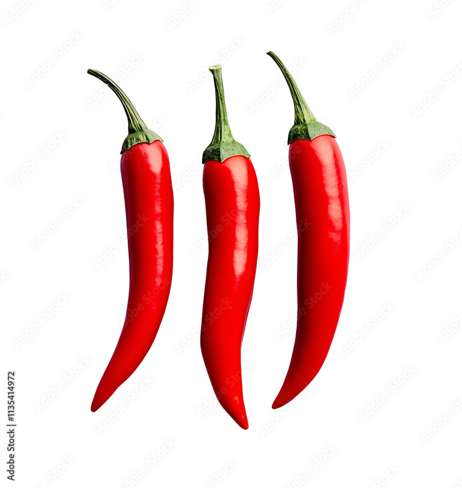 Bright red chili peppers arranged in a row showcasing their vibrant color and distinct shape on a white background Bright red chili peppers arranged in a row showcasing their vibrant color and distinct shape on a white background