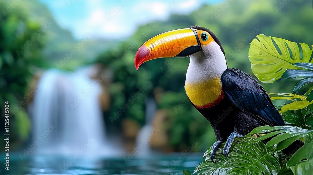 Fototapeta premium Colorful Toucan Perched Among Lush Green Leaves with Waterfall in Background, Capturing the Vibrant Natural Habitat of Tropical Rainforest in Stunning Detail